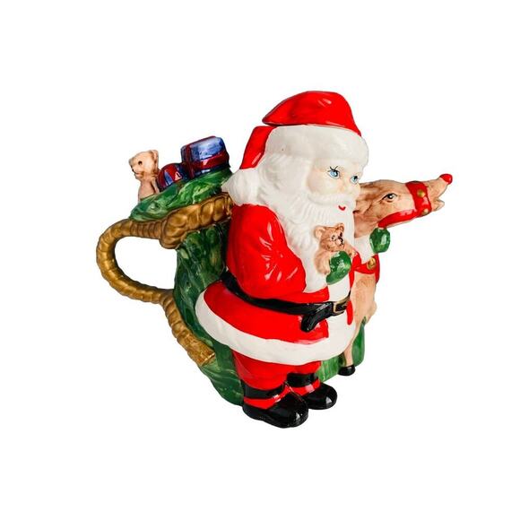 Vintage Teapot Santa Clause Reindeer Christmas Holiday Tea Beverage Dispenser - Picture 1 of 16